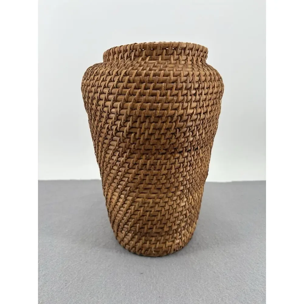 Vintage Handwoven Rattan Vase Boho Rustic Farmhouse 11.5”H Brown Tall